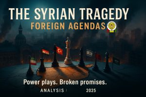 Map-style header showing Syria amid competing foreign agendas after HTS reached Damascus in 2024; analysis of minority fears and the call for a national dialogue.