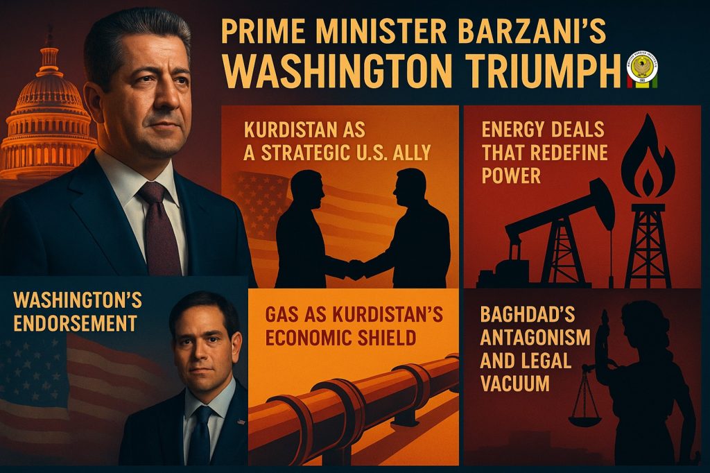 Masrour Barzani during his U.S. visit in 2025, highlighting energy deals and strengthening U.S.–Kurdistan relations.