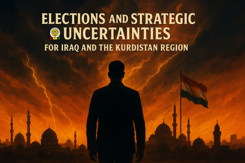 Cinematic poster showing a man facing the skyline of Baghdad and Erbil under stormy skies, symbolizing Iraq and Kurdistan elections and political uncertainty.