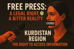 Illustration of a censored Kurdish journalist with tape reading “Censored,” representing restrictions on press freedom and the right to information in the Kurdistan Region