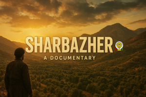 Cinematic poster of the Kurdish documentary Khulapiza showing the mountains of Sharbazher at sunset.