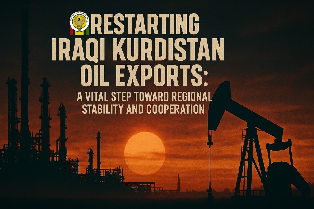 Oil pipeline in Kurdistan representing the restart of Iraqi oil exports and cooperation between Erbil and Baghdad, symbolizing economic recovery and regional stability.