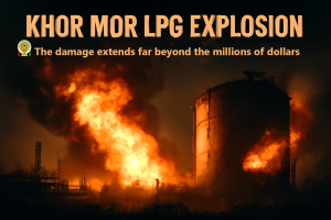 Explosion at Khor Mor LPG facility in Kurdistan, showing flames and damage to infrastructure. The image represents the impact on energy security in the region.
