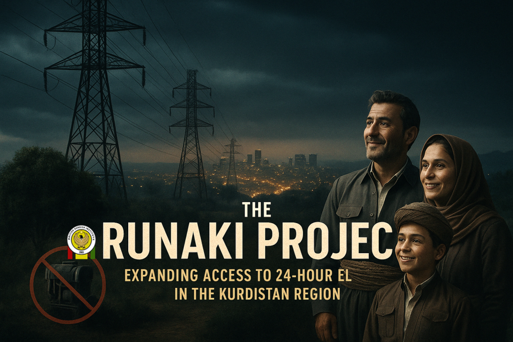 Cinematic poster of the Runaki Project showing a Kurdish family in traditional clothing with power transmission towers and a glowing cityscape in the background, symbolizing the expansion of 24-hour electricity in the Kurdistan Region.