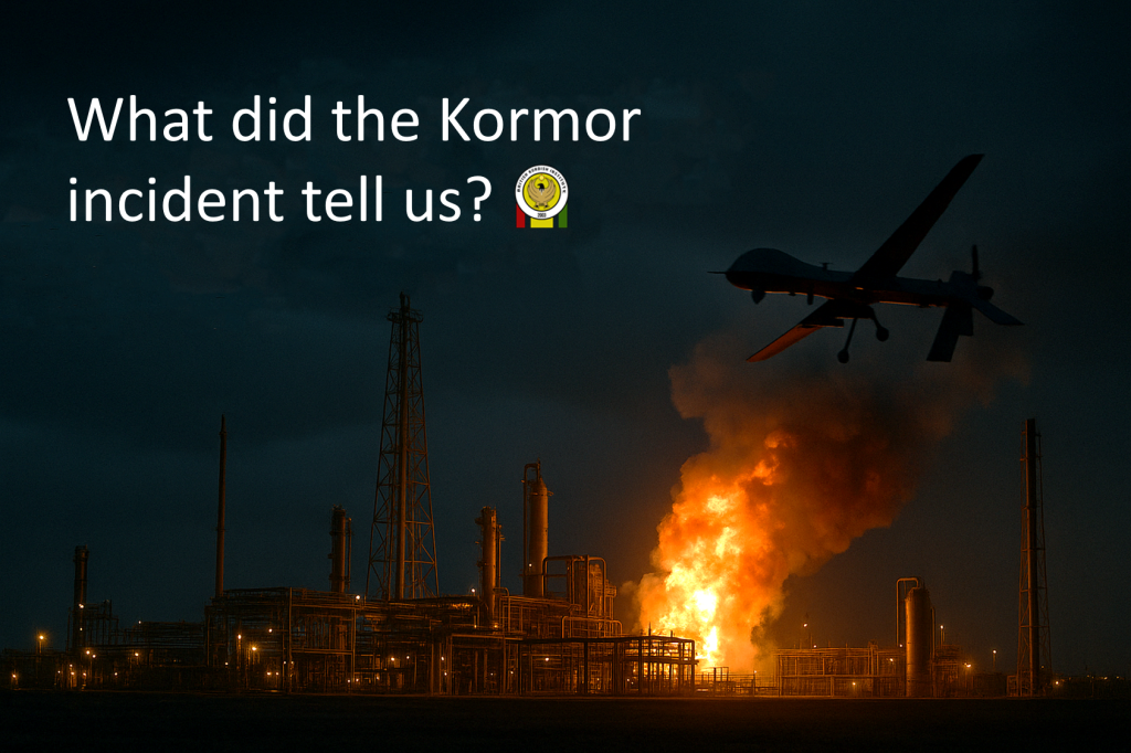 Cinematic image of the Kormor gas field with a drone silhouette and explosion, used as the cover for the article “What did the Kormor incident tell us?