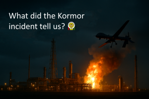Cinematic image of the Kormor gas field with a drone silhouette and explosion, used as the cover for the article “What did the Kormor incident tell us?